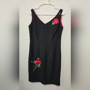 DONNA RICCO New York Black Floral V Neck Dress with Embroidered Rose